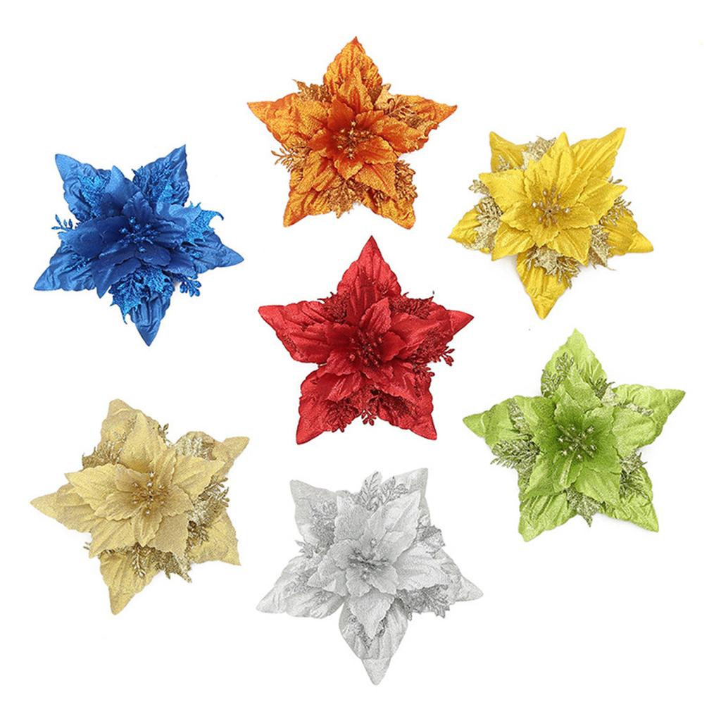 5 Pack Christmas Poinsettia Glitter Flower Ornaments in Colors