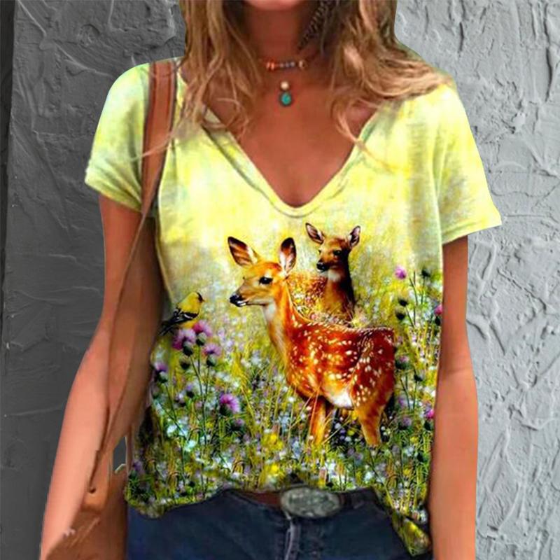 Women Girls Summer Fashion Casual Pullover Tops V-Neck Short Sleeves Print T Shirt