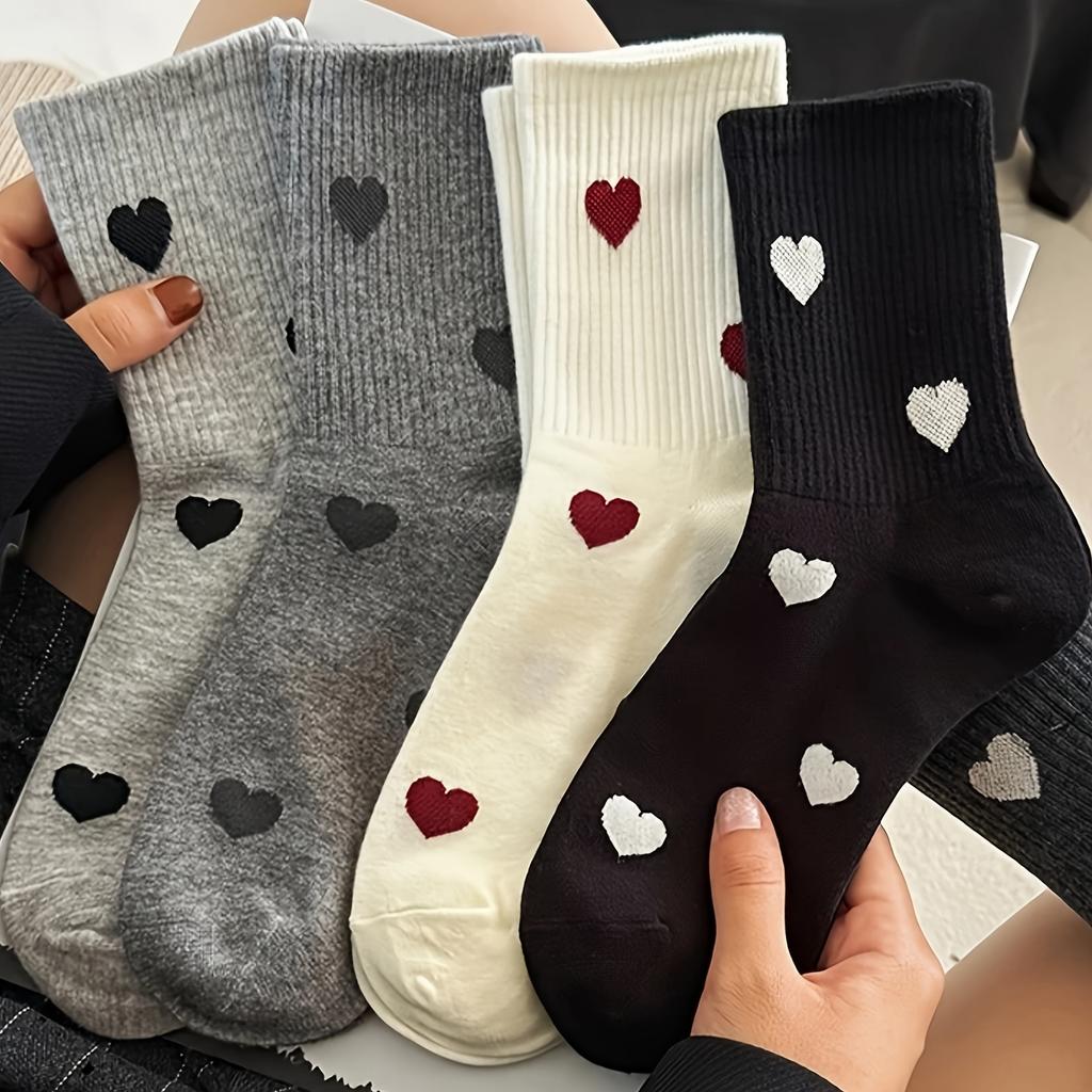 High Quality10pcs 5 Pairs Women'S Mid-Calf Socks with Heart Pattern, Calf Socks - Elegant Heart Pattern Design, Featuring a Heart Pattern In Fabric -