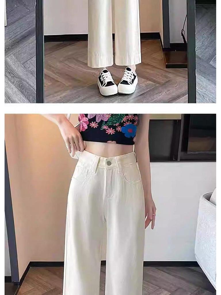 Khaki High-Waisted Cropped Wide-Leg Jeans for Women - Summer 2026 Thin Style, Petite Fit, Leg-Covering Straight Pants.