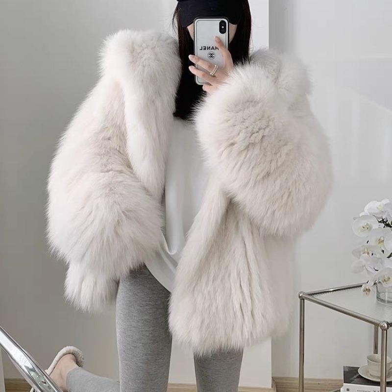 Pelz Damenbekleidung Imitation Fuchs Pelzjacke mit Kapuze Kunstpelz gewebter Pelz Oberteil Herbst- und Winterbekleidung