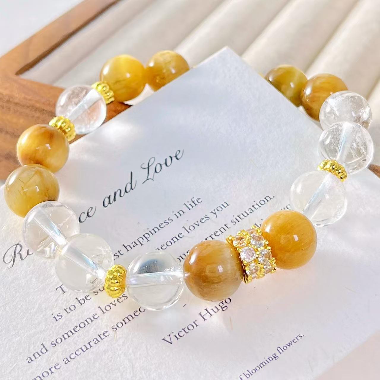 Retro High Quality Natural Golden Tiger Eye White Crystal Design Bracelet Bracelet