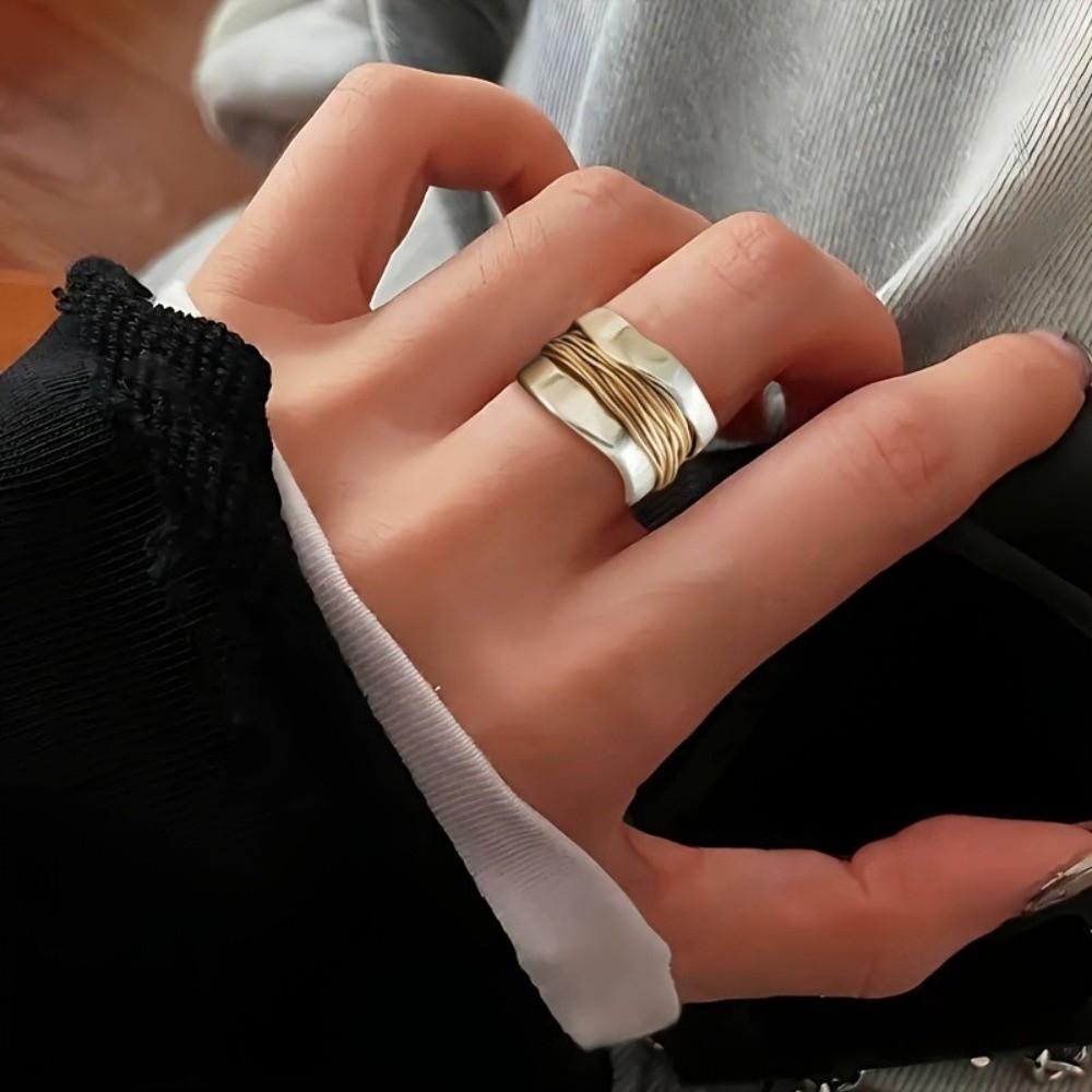 Engraved Line Two-tone Ring Double Layer Punk Style Ring Holiday Accessories