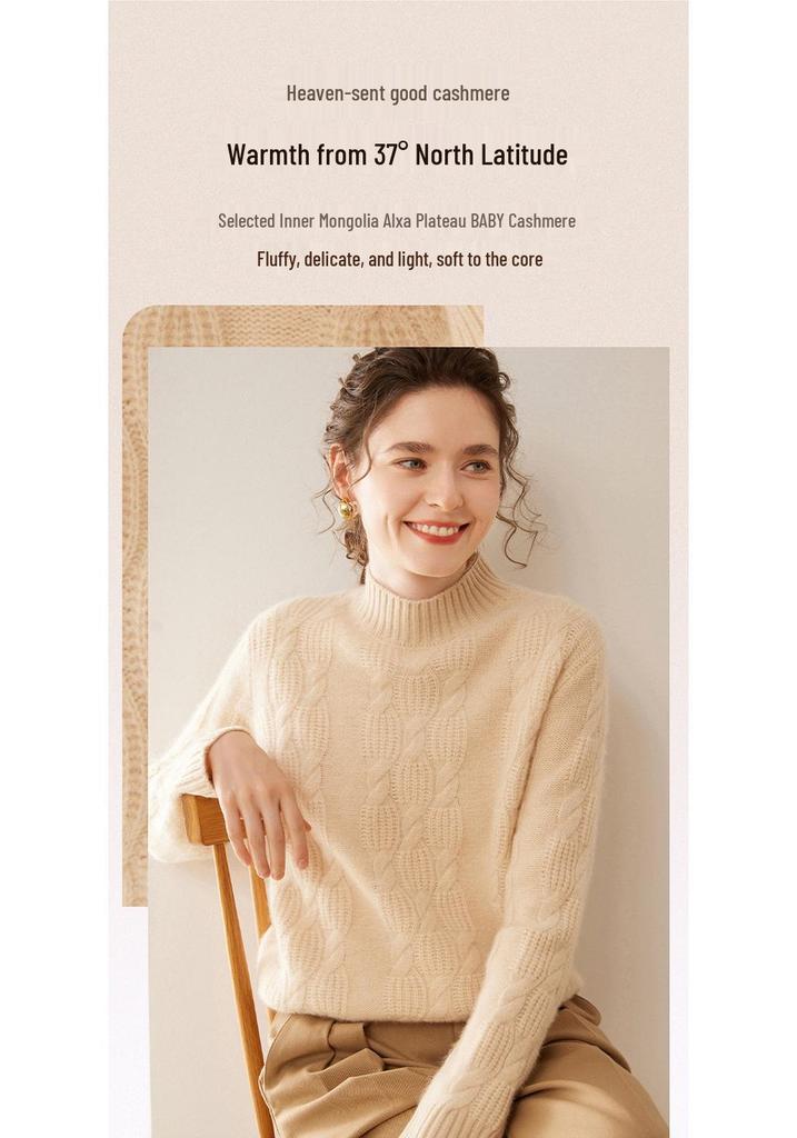 Women's Heavyweight Cashmere Jacquard Sweater - Thick Half-High Neck, Long Sleeve, Winter Knit Pullover