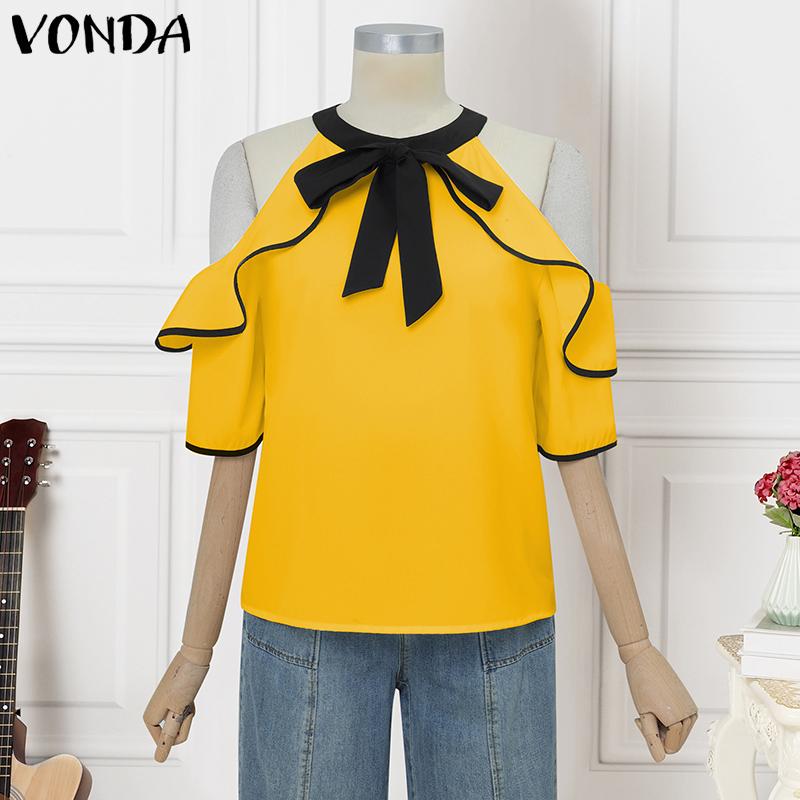 

VONDA Женская блузка с открытыми плечами, рукавами-рюшами и бантом, повседневная, со строчкой XL жёлтый