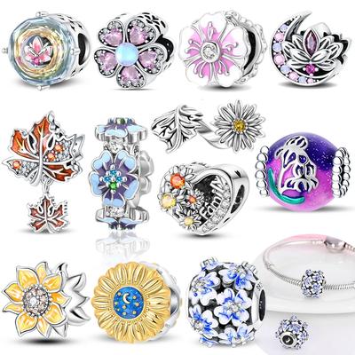 Original Charmscopper Yellow Sunflowers Blue Flowers Pink Zircon Beads Fit Bracelet Women Jewelry Diy Fine Gift Accessory