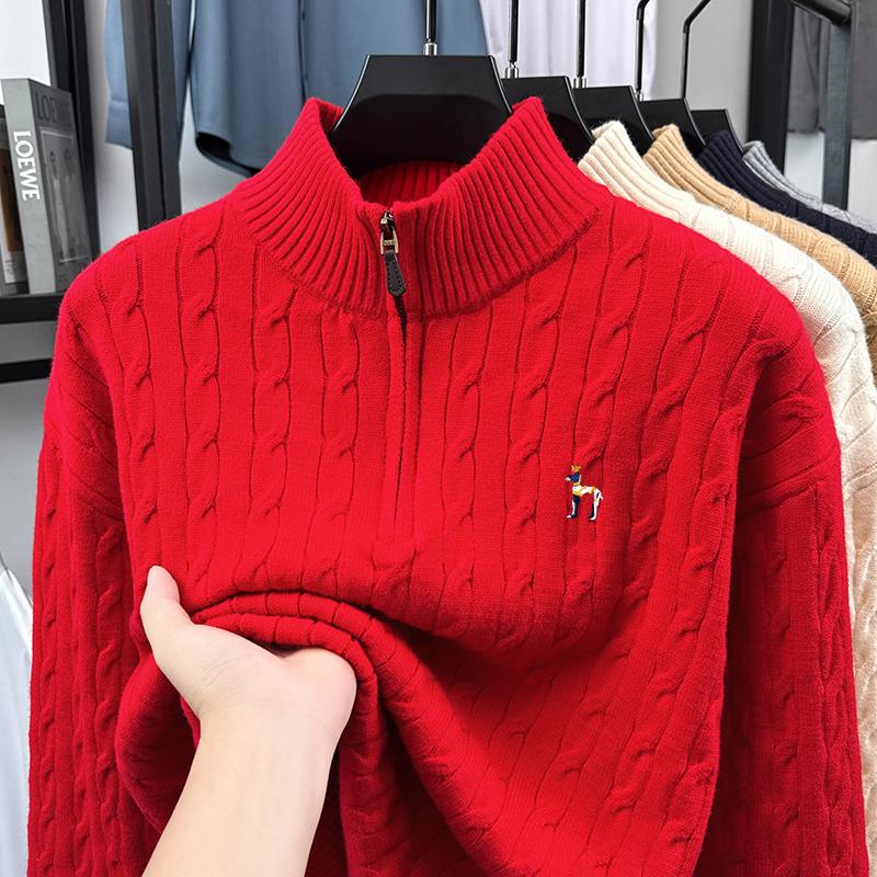 Exquisite Dog Embroid Men's Half Zipper Hoodie Knitwear Winter Old Money Style Thicken Warm Commute Luxury Business Menswear