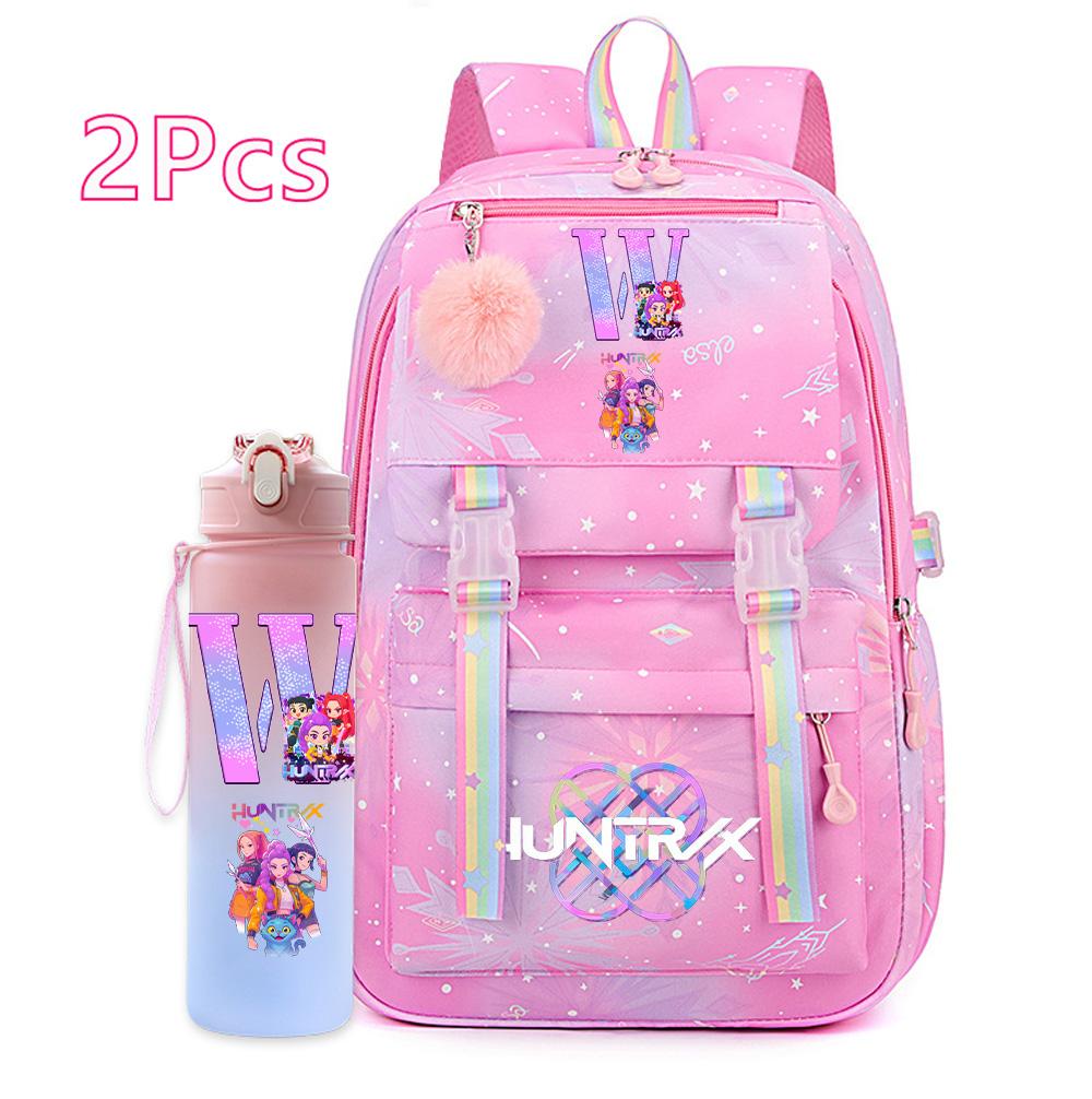 2 Stück/Set Ainme K-Pop Demon Hunters Rucksack mit englischem Buchstabenaufdruck mit Wasserflaschenhalter für Teenager Mädchen Jungen Schultasche Reisetasche