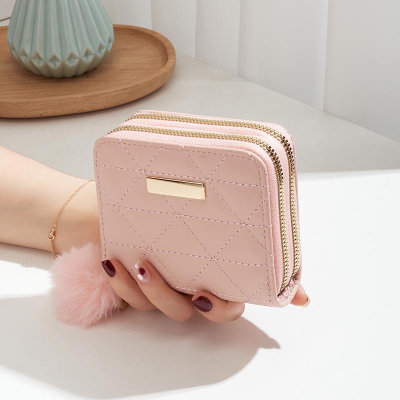New Double Zipper Short Wallet ID Card Case Cards Wallet Diamond Patterned Embroidered Clutch Purse Women's Wallets Coin Purse