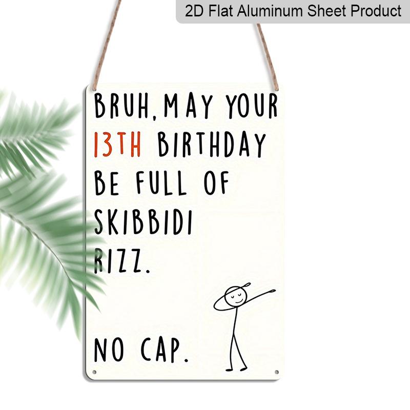 2D Flat Funny Teen Slang 13th Birthday Metal Sign - 8.0x12.0inch Aluminum Wall Art, Bruh Skibbidi Rizz No Cap Stick Figure Design, Thirteenth 20*30cm