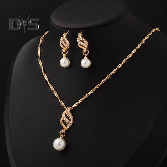 2Pcs/Set Women Jewelry Set Imitation Pearl Rhinestones Inlaid Necklace Drop Earrings Set Wedding Accessories