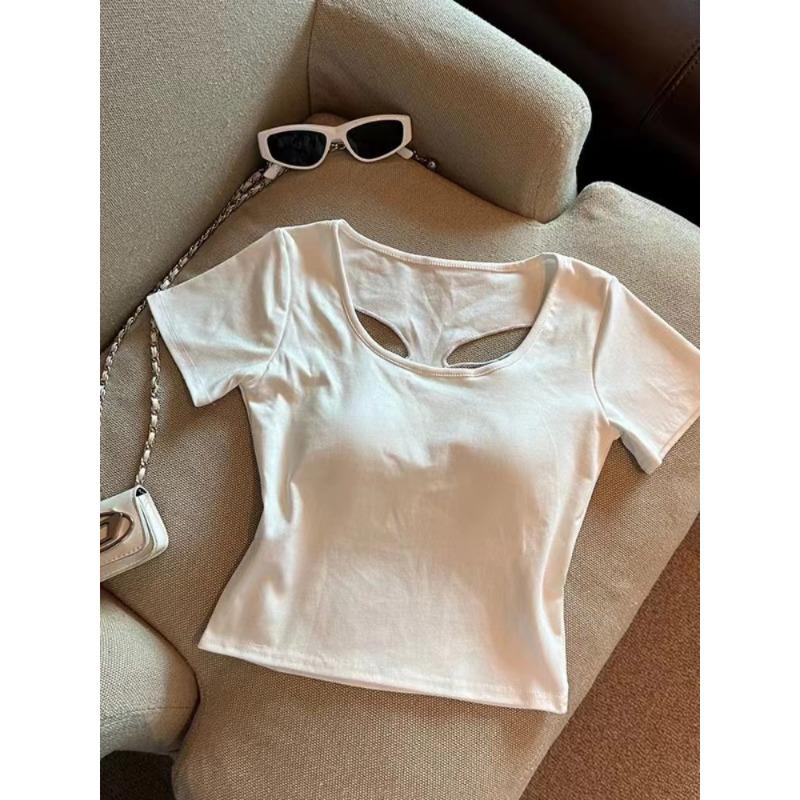 

Футболка из хлопка с короткими рукавами и вышивкой в виде ажурного банта на плече, женская летняя укороченная короткая утягивающая футболка Spice Top One size