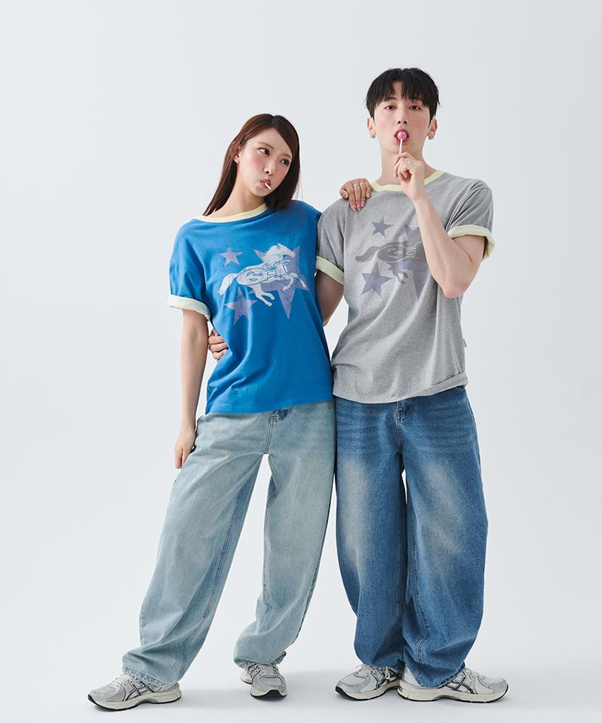ESCAPEFROM [Escf X Hot Today] Lone Star Horse Roll-Up Point Short Sleeve T-Shirt Blue