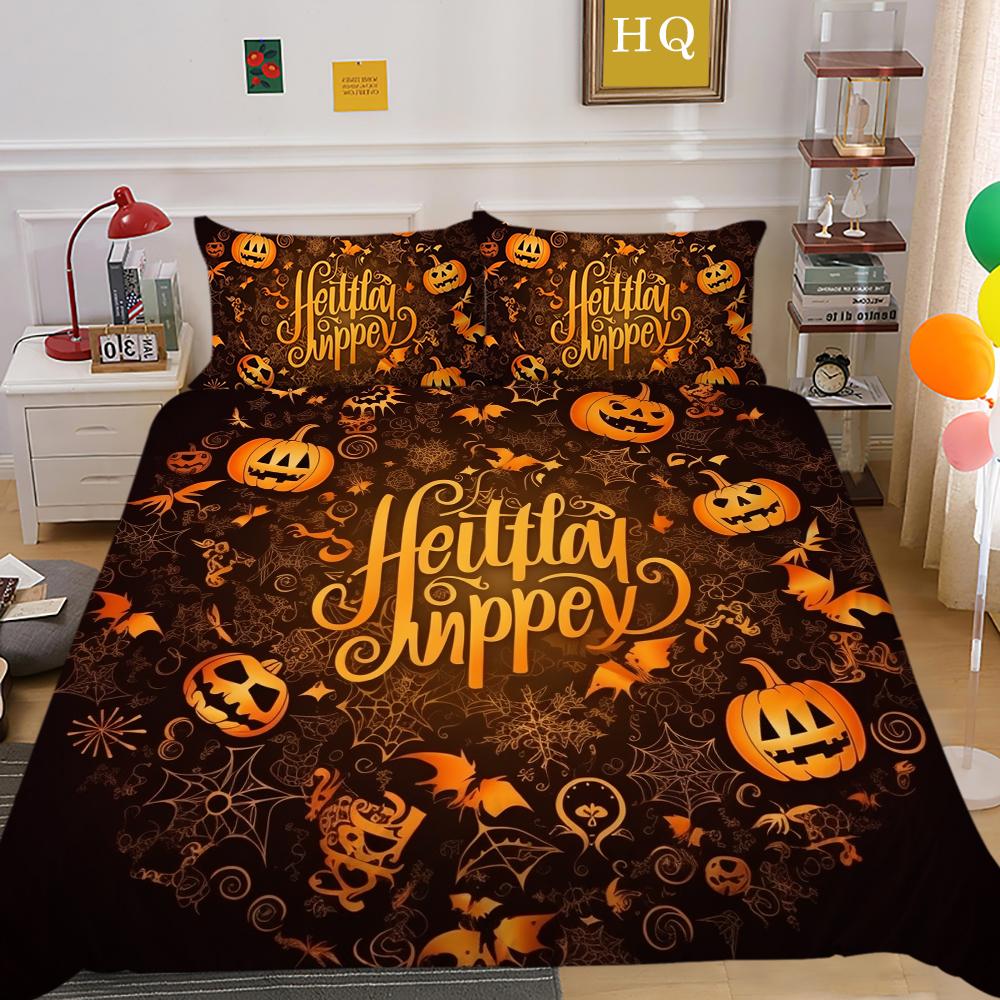 3D Halloween Home Bedding Set Pumpkin Ghost Quilt Cover Pillow Case 2/3 Pieces AU220 * 240 Full Size Soft and Easy To Clean Bedroom Decoration