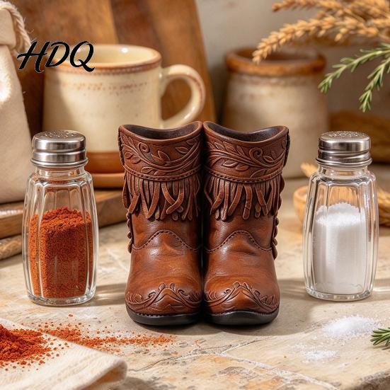 Glass Salt And Pepper Dispenser Western Cowboy Boot Resin Shaker Set Creative Boots Spice Shaped Condiment Bottles Rustic Table Kitchen Tabletop