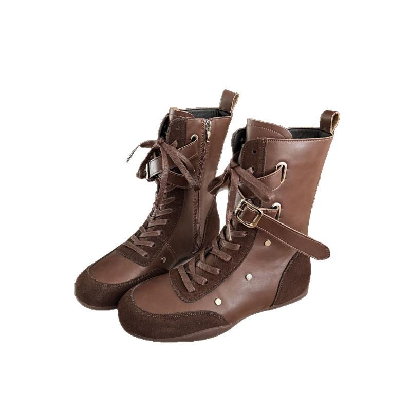 Yueyu Light Luxury Boxing Boots Strap Side Zipper Martin Boots Belt Buckle Short Boots Martin Boots Flat Bottom Fashion Boots Women