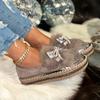 Women's Slip-On Winter Slippers with Rhinestone Bow Plush Faux Fur-Like Collar