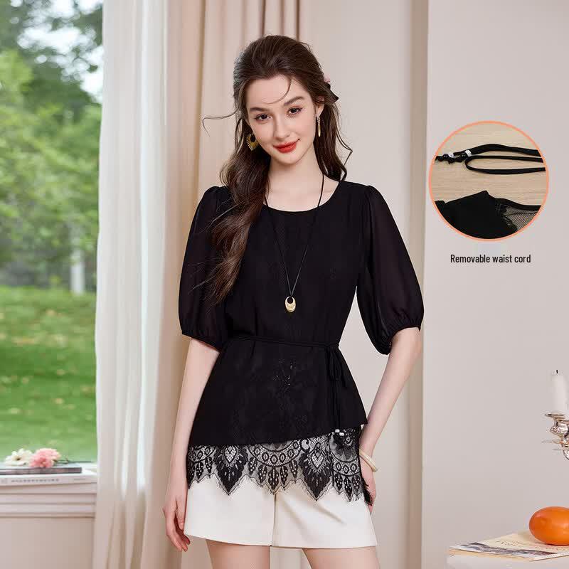 Bailuyu Faux Two-Piece Puff Sleeve Lace Patchwork Top L