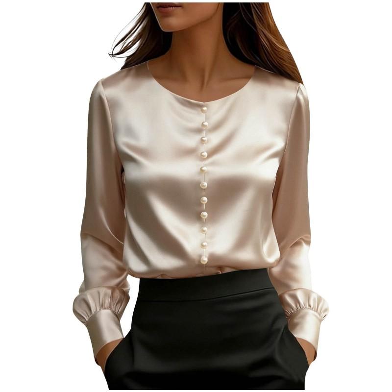 2026 Womens Satin Silk-Feel Short Sleeve T-Shirt With Pearl Embellished Round Neck Solid Color Casual Street Style