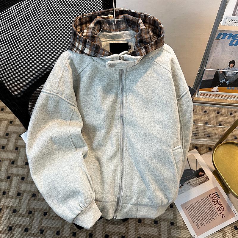 Men s Winter Plaid Patchwork Wool-Blend Jacket with Detachable Hood Medium