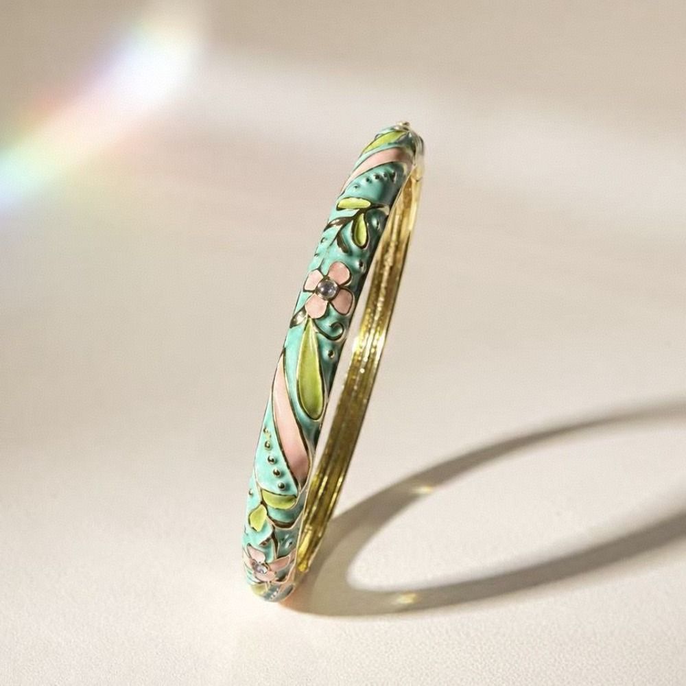 Colorful Gold Plated Floral Bangle Retro Rhinestone Inlay Oil Dipping Cuff Elegant