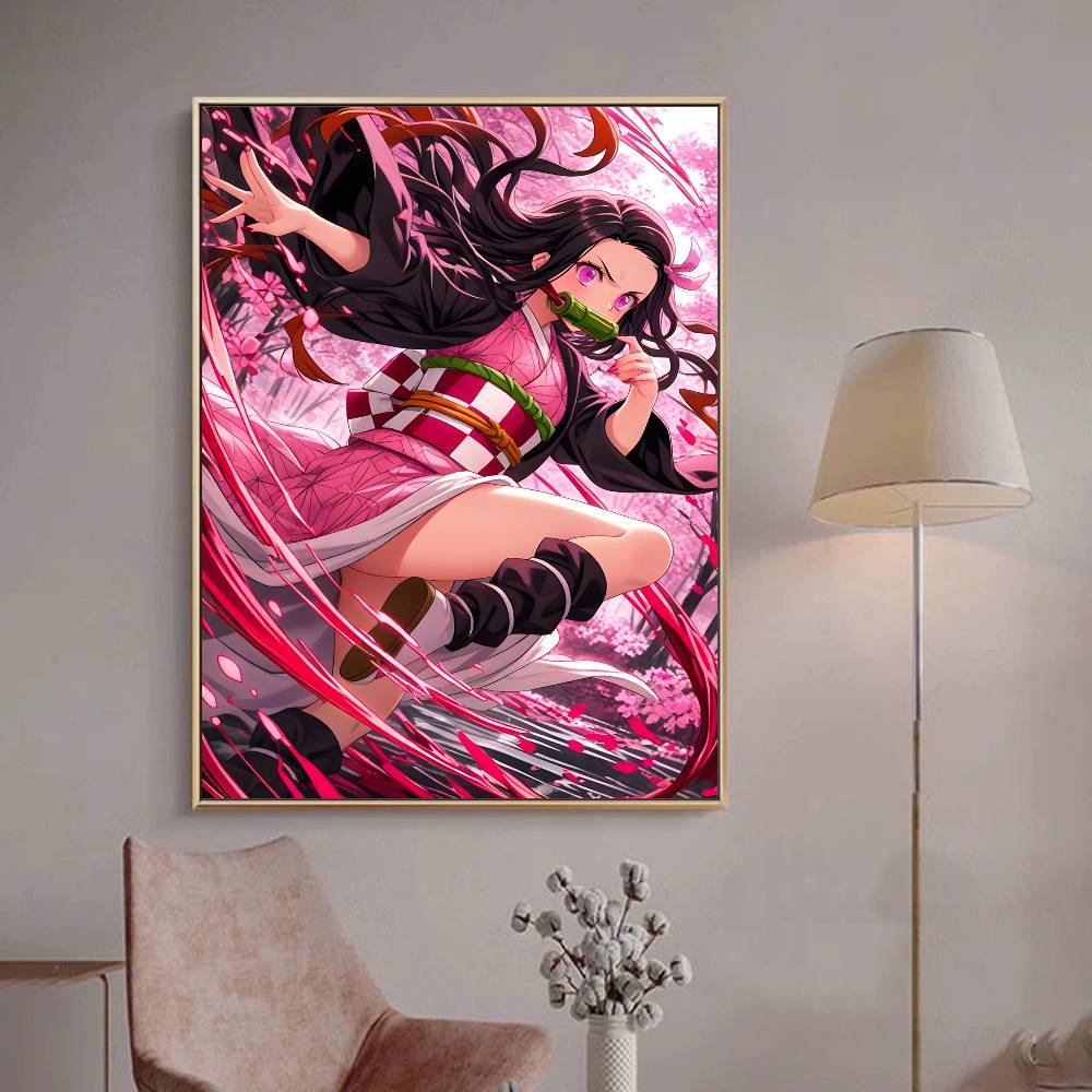 Japanese Anime Demon Slayer Self-adhesive Art Poster Retro Kraft Paper Sticker DIY Room Bar Cafe Stickers Wall Painting