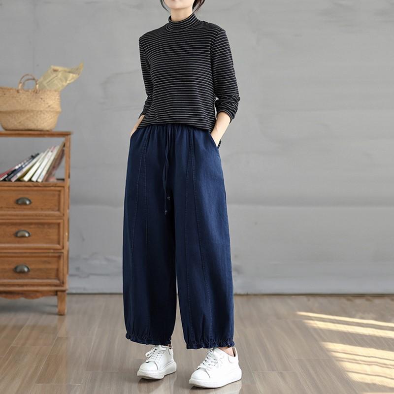 Plus Size Vintage High Waist Casual Loose Women Spring Autumn Jeans Denim Wide Leg Pants