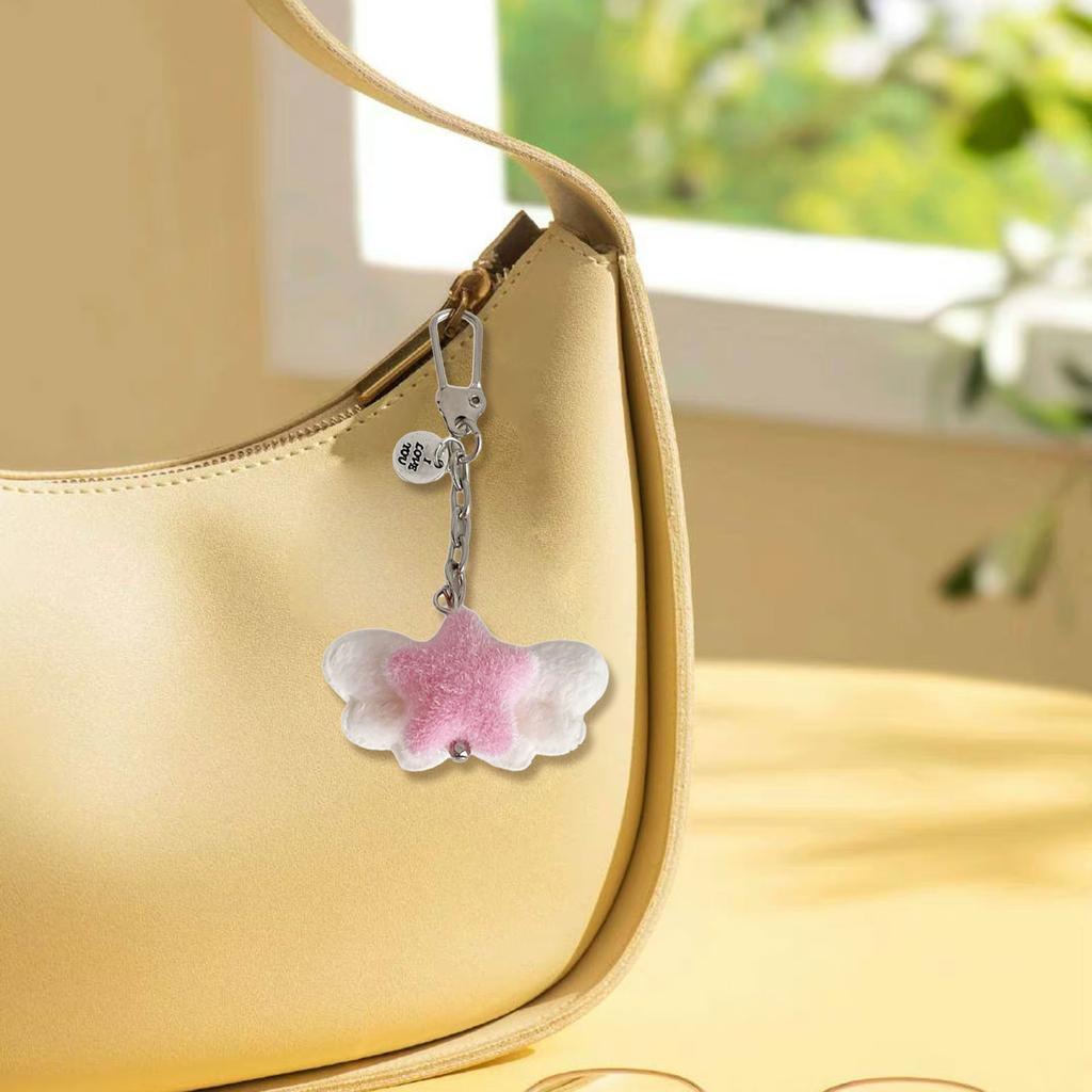Fuzzy Flocking Star Keychain with Angel Wing Pendant Soft Stylish Fashionable Accessory For Phone Keys Bag Gift