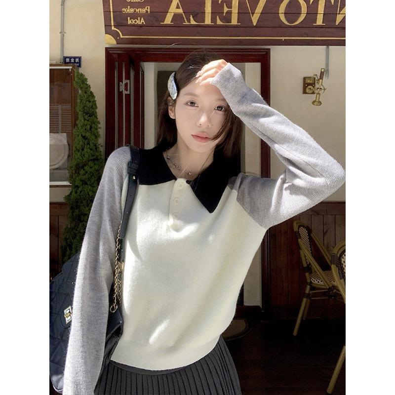 Contrasting Polo Neck Knitted Sweater Women's Spring Loose Age-reducing Inner Top Design Bottoming Shirt