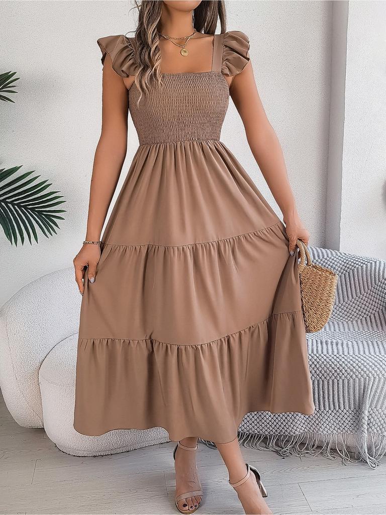 Square Neck Solid Color Dress High Waist Elegant Ruffle Edge Dress for Women Sleeveless Loose Dresses Causal Dress