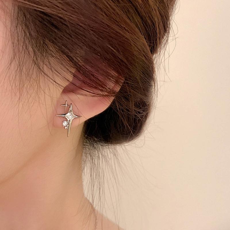 Metal Crossed Star Crystal Zircon Earrings for Women Girls Novel Geometric Four-Pointed Star Stud Earrings Party Jewelry