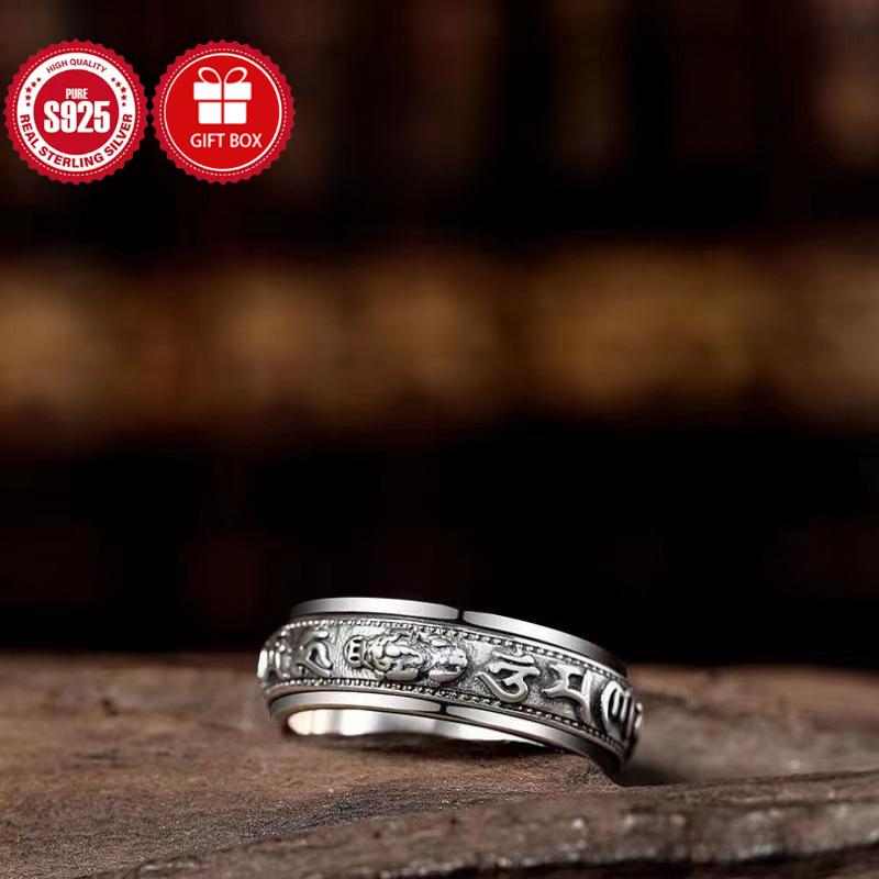 High-end luxurious and elegant pure silver vintage six-character mantra Tyrannosaurus rex rotatable ring for men and women, Bohemian vintage sexy
