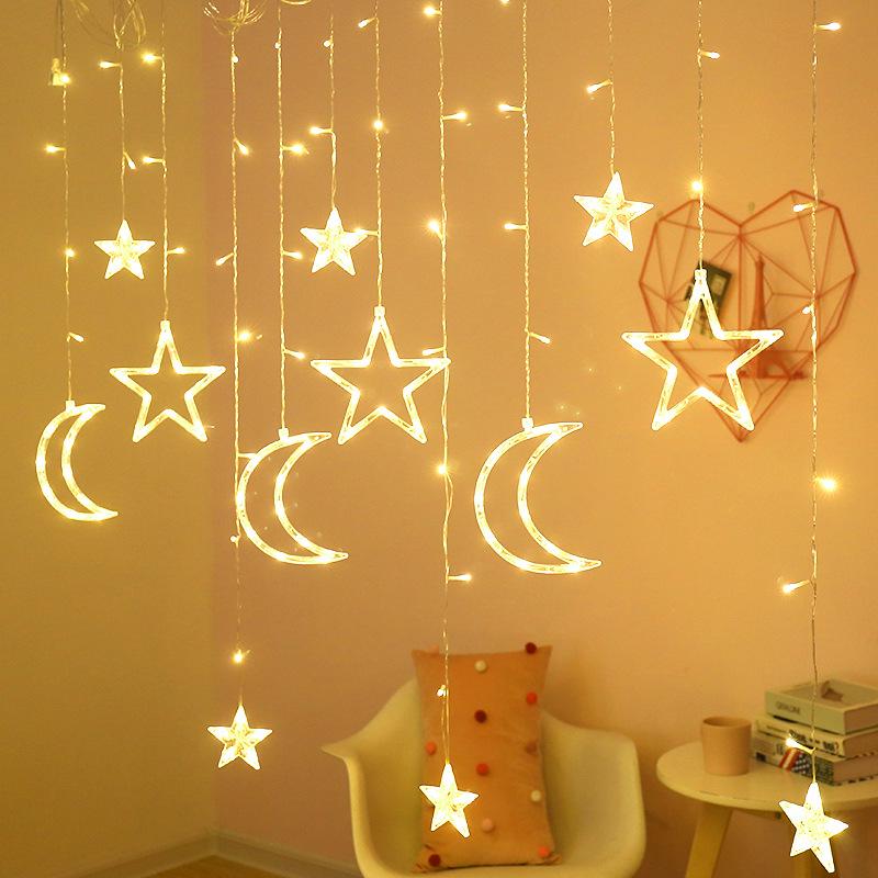 Plug-in LED Star and Moon Curtain String Lights - Festive Hanging Decor for Bedroom and Celebrations 3.5m Wide Plug-in