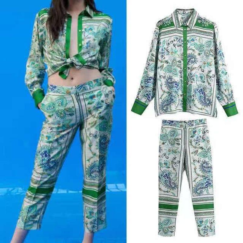 Beach Summer New Arrival Women's Clothing Fashion Style Lapel Long Sleeves Button Shirt + Positioning Printed Pants Suit Women's