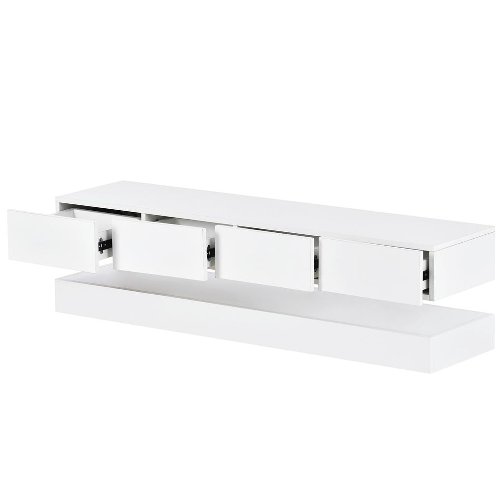 LED TV Lowboard, Wall-Mounted TV Cabinet, Furniture with 2 Cabinets and 4 Large Drawers, LED Lighting Wall Cabinet for up to 55 Inch White 130*33*15cm