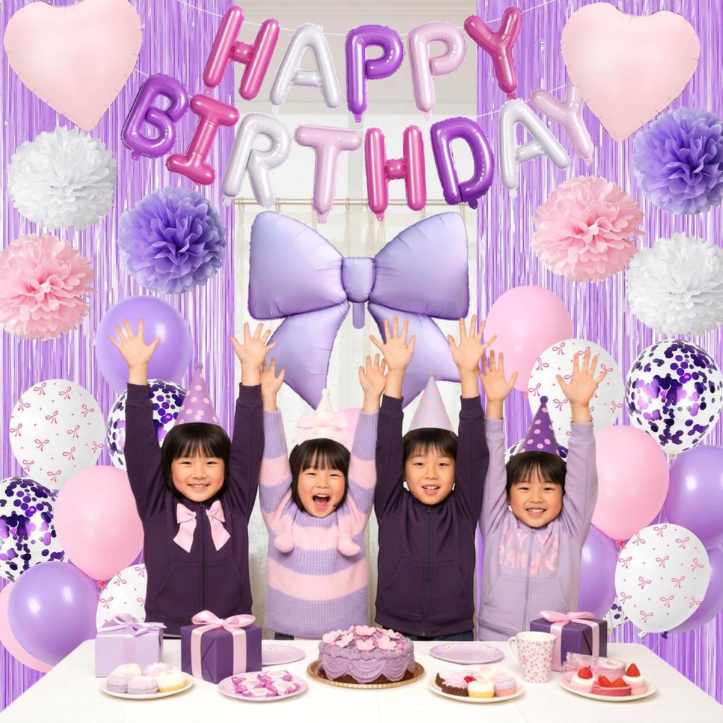 Tonpop Birthday Decoration Balloon Set Purple Balloons Garland Ribbon Heart Tassel Curtain Paper Flowers Party Decor for Girls