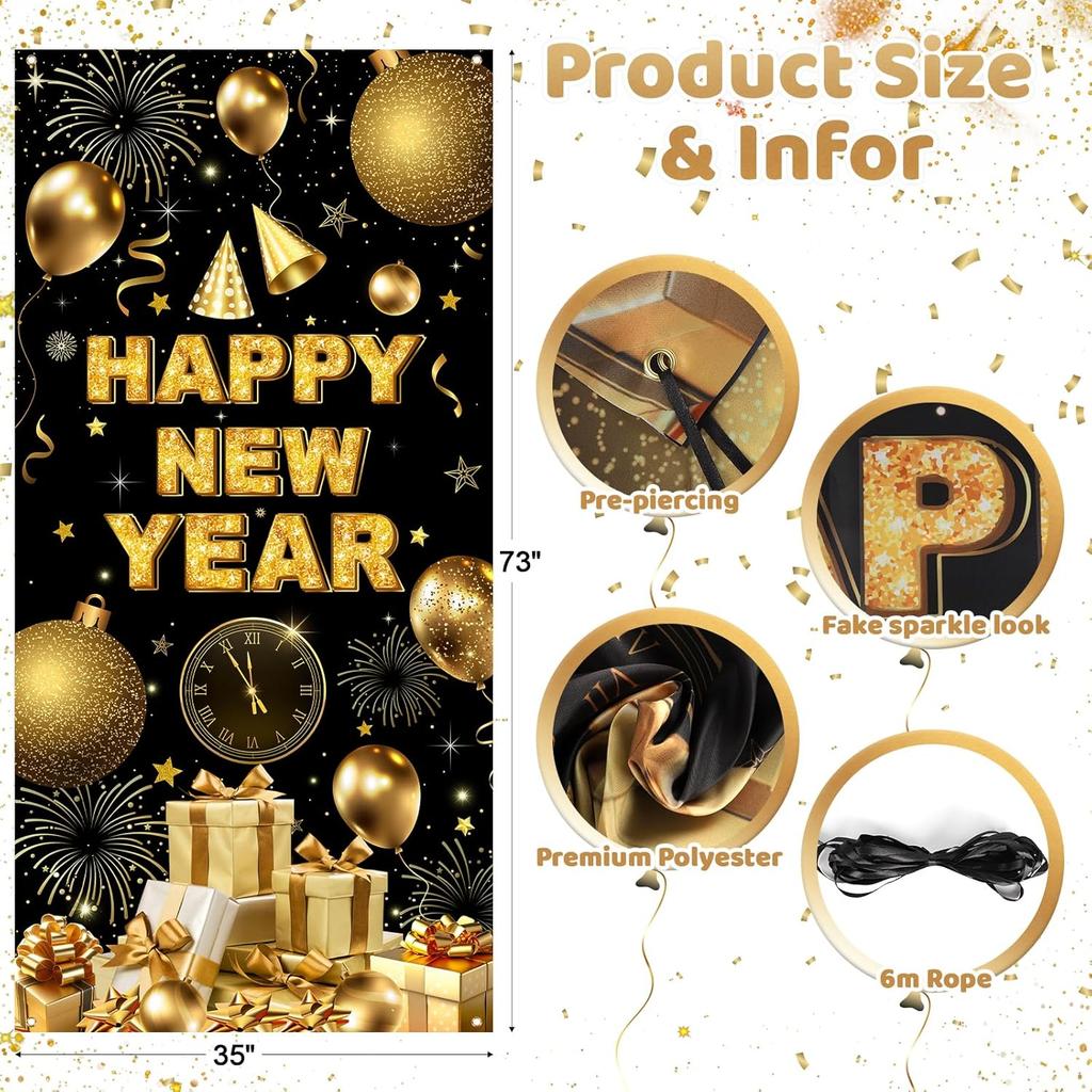 Happy New Year Decorations Hanging Door Cover Banner, 35x73" Welcome 2026 Year Party Door Porch Sign Banner Covers for Home Yard Lawn New Year's