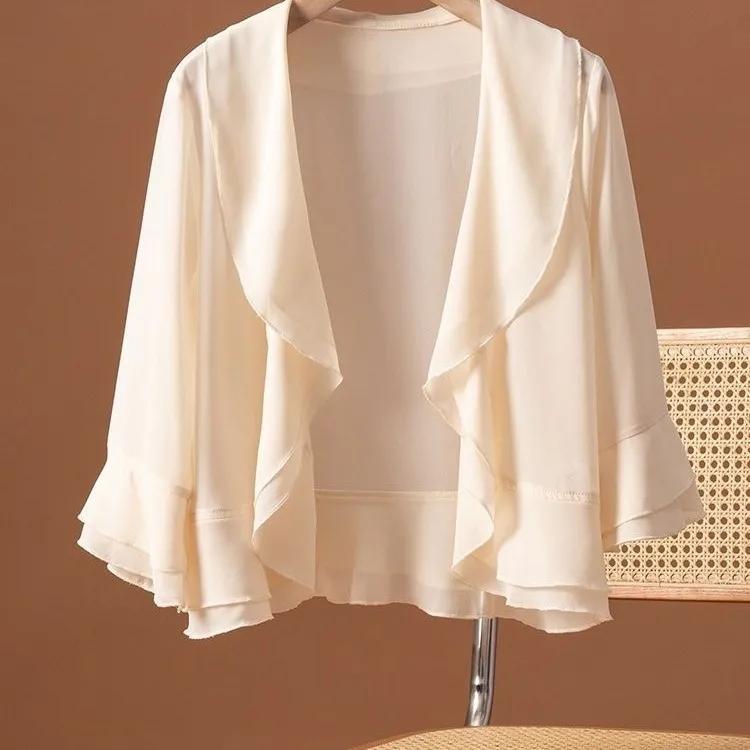 Women's Summer Solid Colour Thin Chiffon Jacket Ruffle Sleeve Elegant and Comfortable Sunscreen Tops