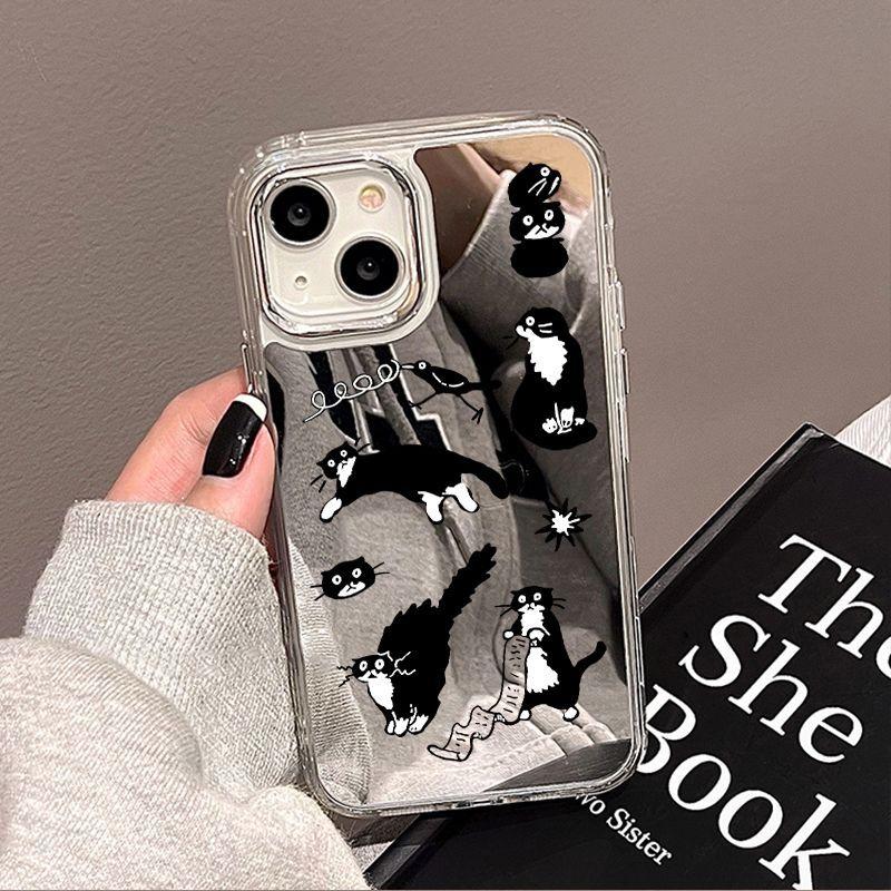 Little Black Cat Illustration Applies To iPhone17 Mobile Phone Case 16pro Electroplating Button 12 Apple 13 Mirror 15/14