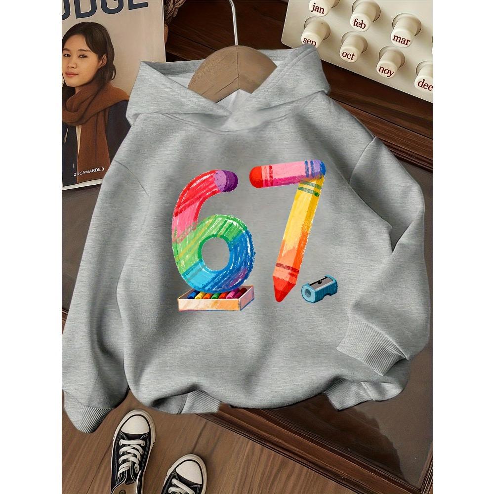 Regenbogen-Buntstift-Stitching 67 Digitaldruck Kapuzenpullover Vierfarbig Kindlich Lässig Langarm Pullover für Jungen und Mädchen