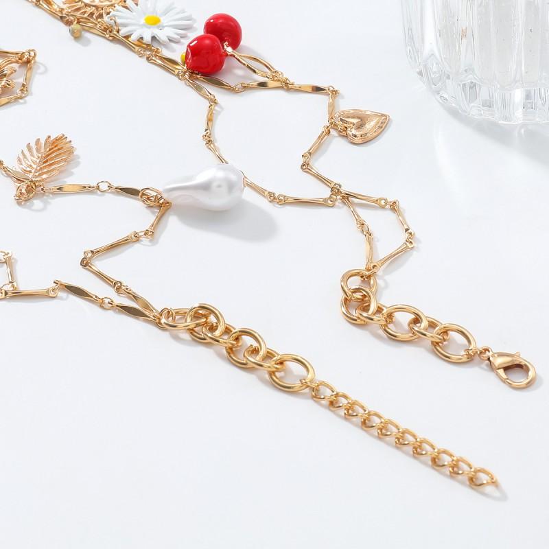 Womens Layered Zinc Alloy Pendant Necklace With Heart Floral Leaf Butterfly Cherry Motifs Drip Paint Finish 81cm Length