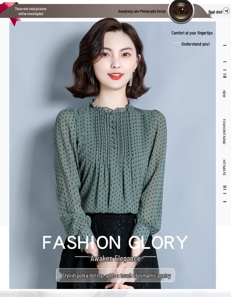 Moda coreana Primavera 2026: Camicia Larga in Chiffon a Pois con Volant - Top Elegante e alla Moda per Donna