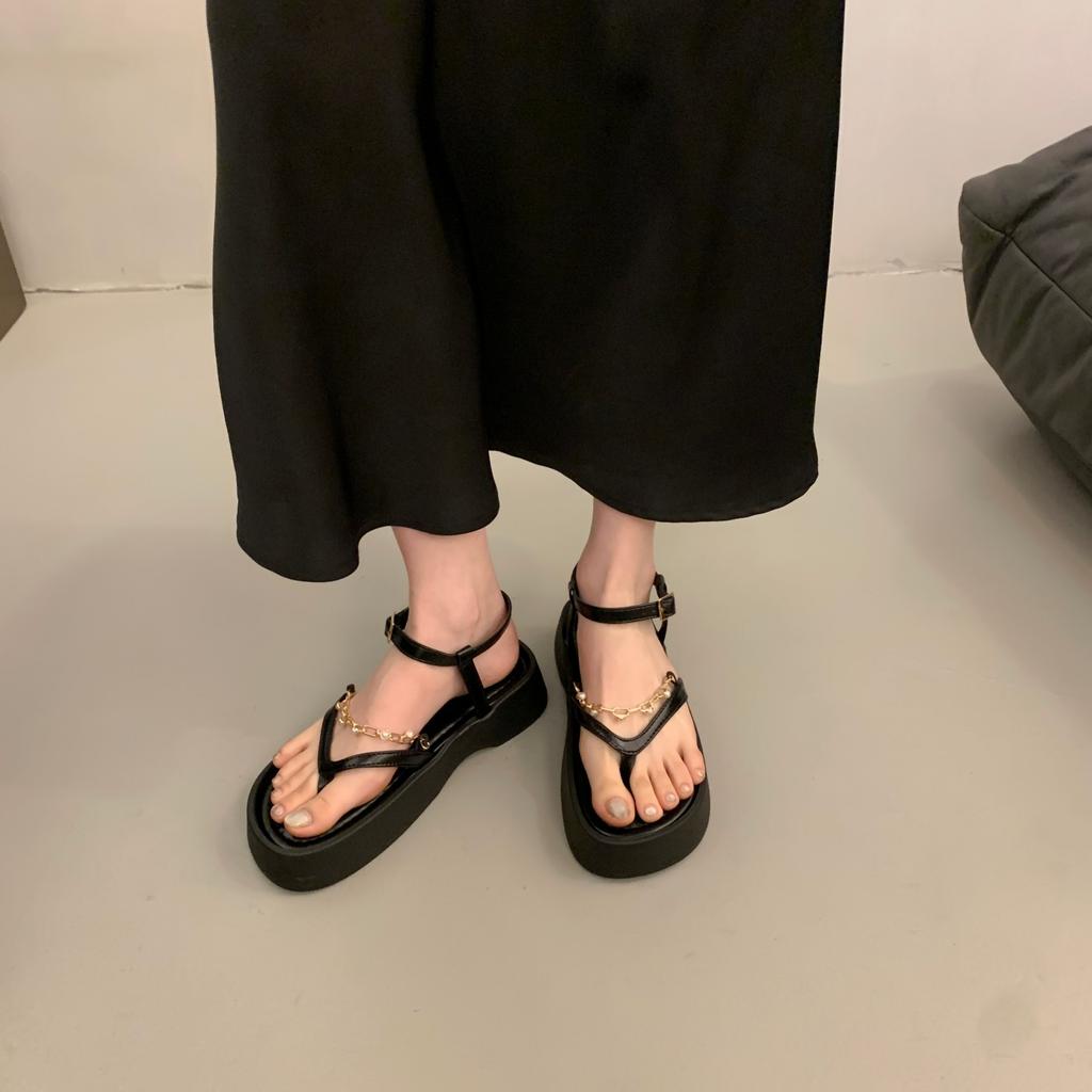 Design sense chain sandals women's spring summer retro platform open-toed shoes platform thin strap toe shoes buckle beach shoes