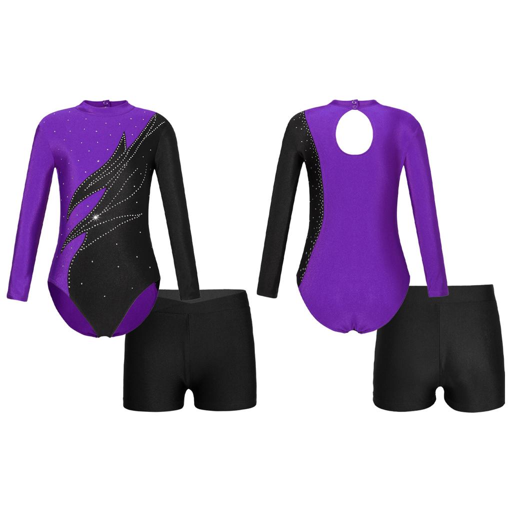Kids Girls Long Sleeve Mock Neck Shiny Rhinestones Decor Leotard with Shorts for Dance Gymnastic Workout
