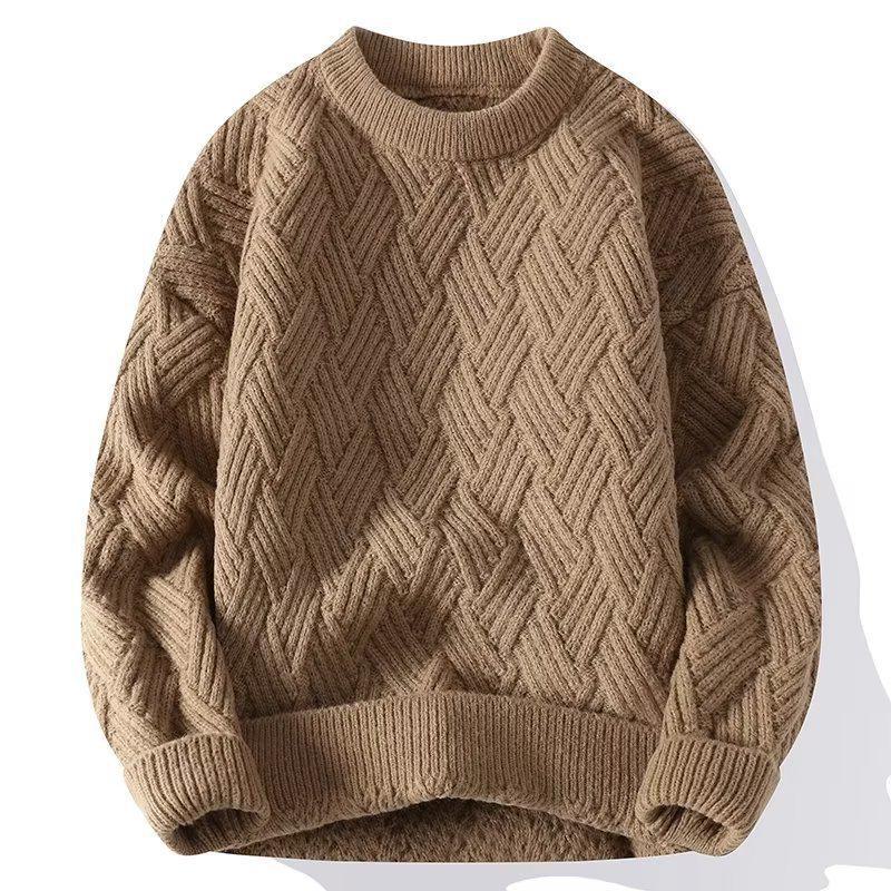 Men's Winter Cable Knit Sweater: Casual, Solid Color, Light Mature Style, Round Neck Pullover.