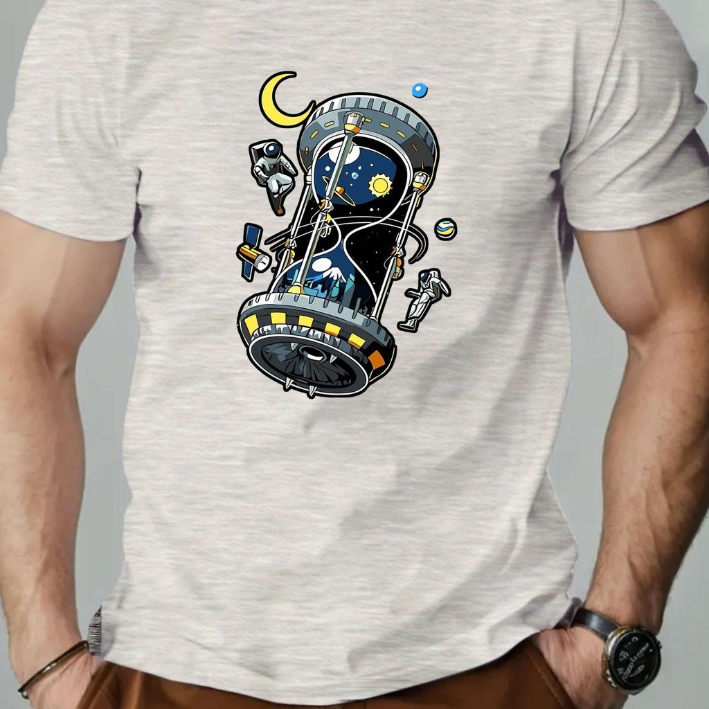 Men Space Timer Graphic T-Shirt Vibrant Yellow Casual Short Sleeve Tee with Astronaut  Planet Design Top