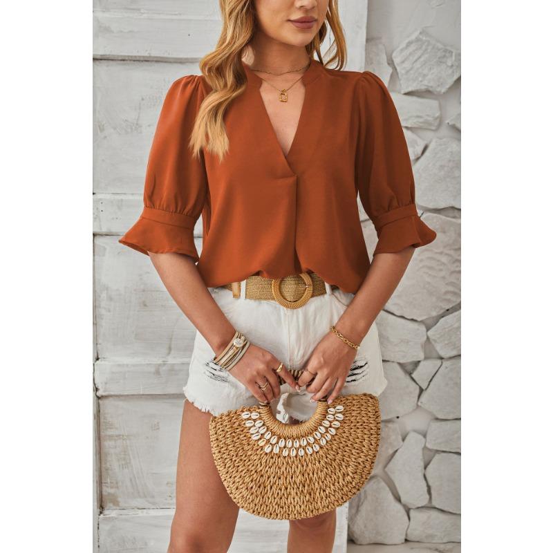 Sommer Damen T-Shirt Einfarbig V-Ausschnitt Halbarm Bequem Atmungsaktiv Lässiges Oberteil