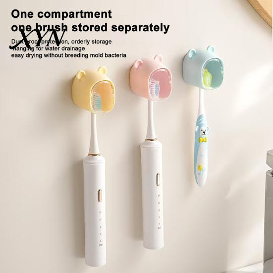 Space Saving Toothbrush Case Cute Bear Wall Mounted Holder with Dustproof Flip Cover, Single Dispenser Storage Organizer, Drill-free Electric/Manual