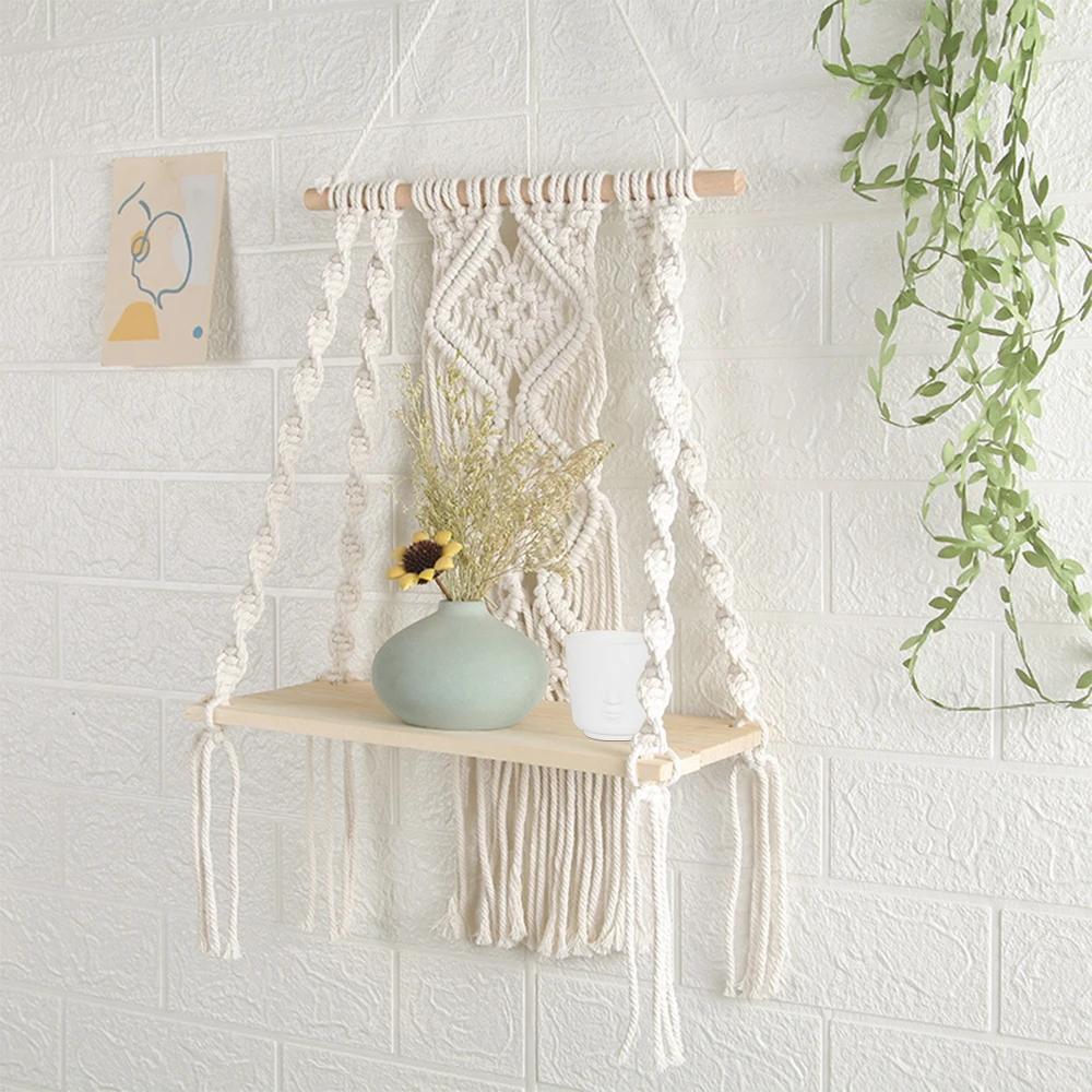 DIY Handgemachte Quaste Makramee Wandteppich Hängen Regal Boho Baumwolle Seil Gewebt Pflanzen Aufhänger Holz Schwimmende Regal Wand Dekor