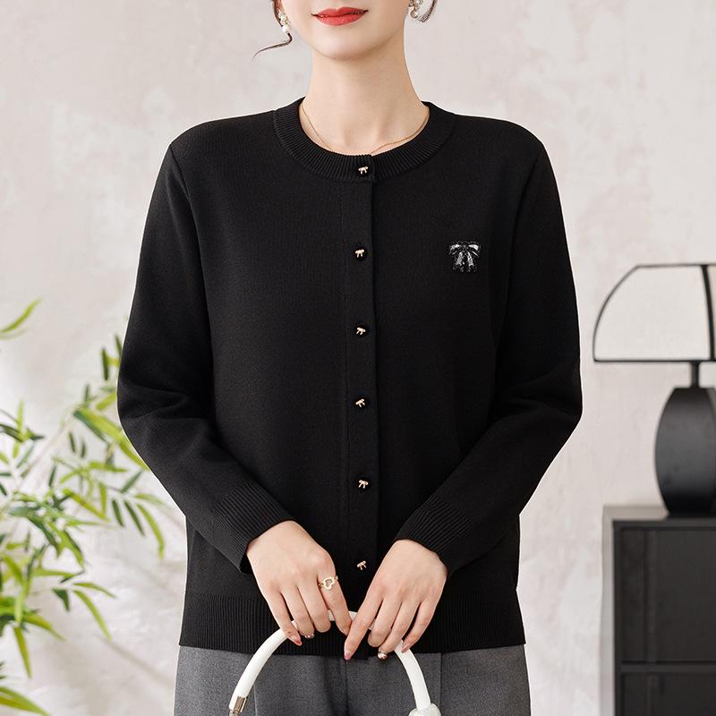 Spring Knit Top for Middle-Aged & Elderly Women - Round Neck Cardigan Sweater